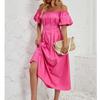 Women's Loose Long Off Shoulder Bubble Short Sleeved Pleated High Waisted Solid Color Dress