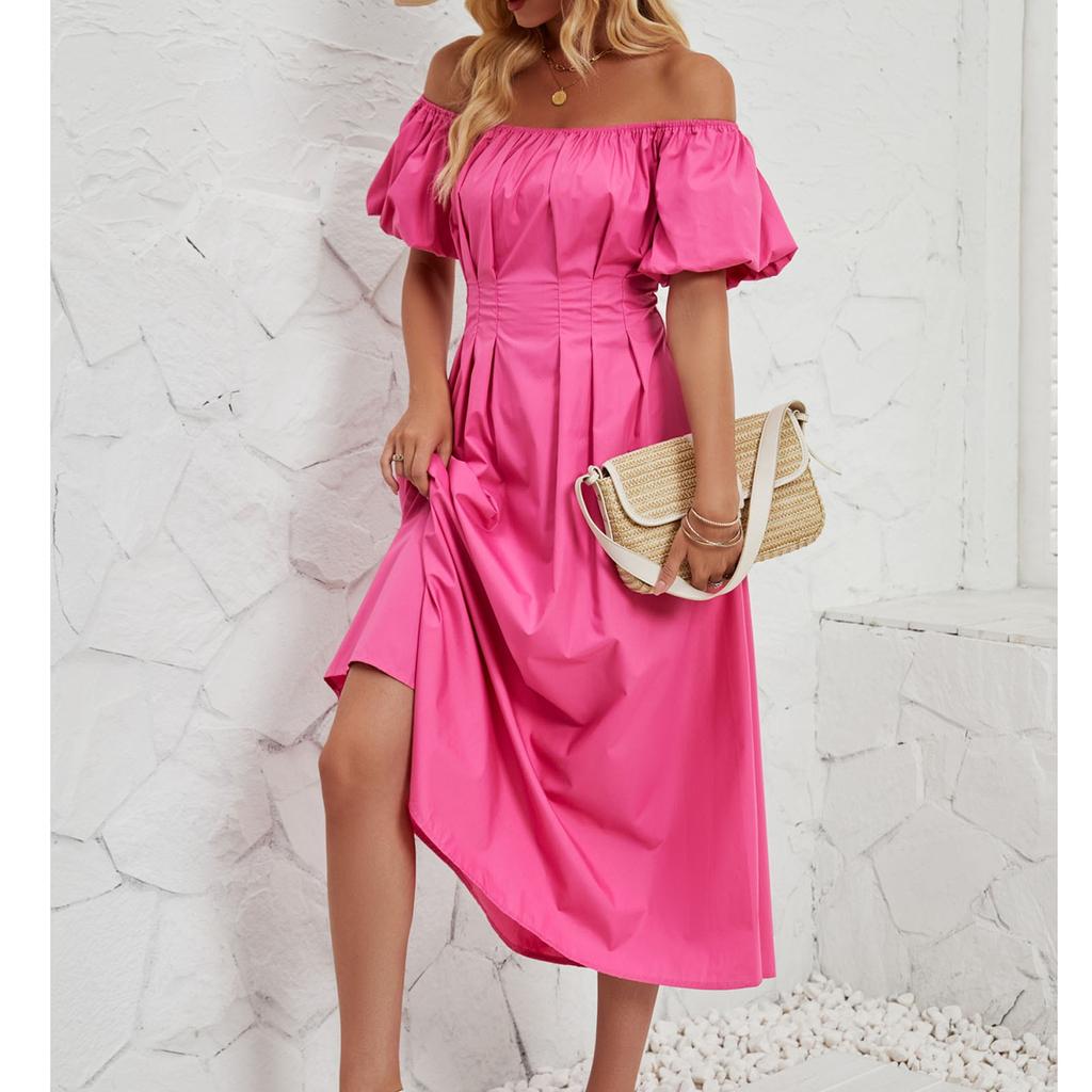 Women's Loose Long Off Shoulder Bubble Short Sleeved Pleated High Waisted Solid Color Dress