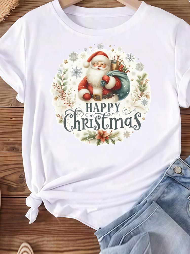 (Asian Size) Letter Happy New Year Women's Top T Tee Merry Christmas Festival O-neck Clothing Print Fashion Ladies Graphic T-shirts