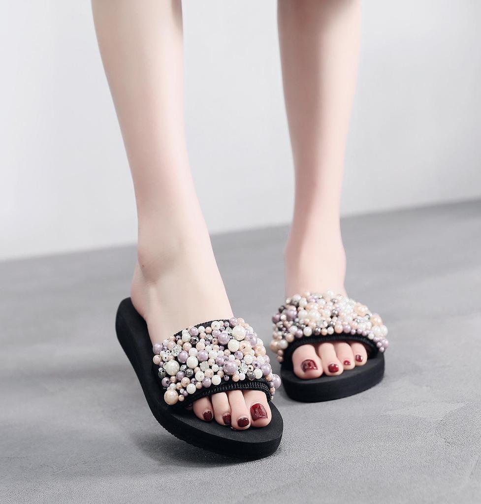 Босоножки на танкетке в стиле бохо: Женские летние тапочки на толстой подошве для отдыха на море в Таиланде.