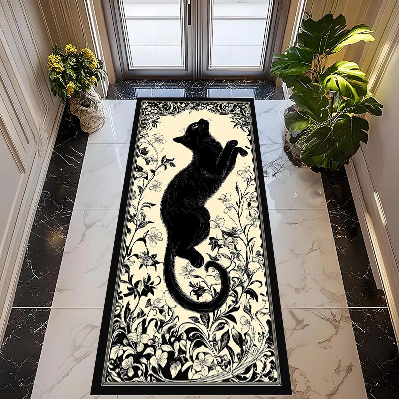 Beige Black Cat Carpet Mat Rug White Floral Vine Pattern Vintage Artistic Non-slip Home DecorationHallway Running Indoor Rug