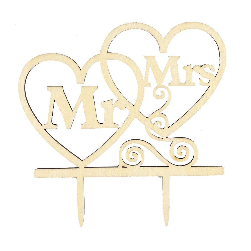 Wooden Wedding Cake Topper Simple Mr&mrs Letter Love Shape Birthday Weddings Engagements Anniversary Party Cake Decoration Card