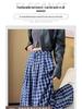 Women's Retro Plaid Double-Breasted Straight-Leg Wide-Leg Pants - Zhao Lusi Style, Spring & Autumn Collection in Blue.