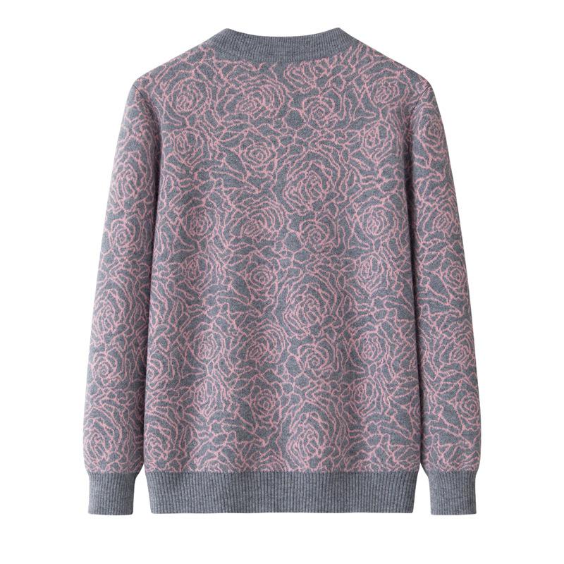 Women's Fashionable Red Pure Wool Jacquard Sweater Coat for Middle-Aged and Elderly Mothers