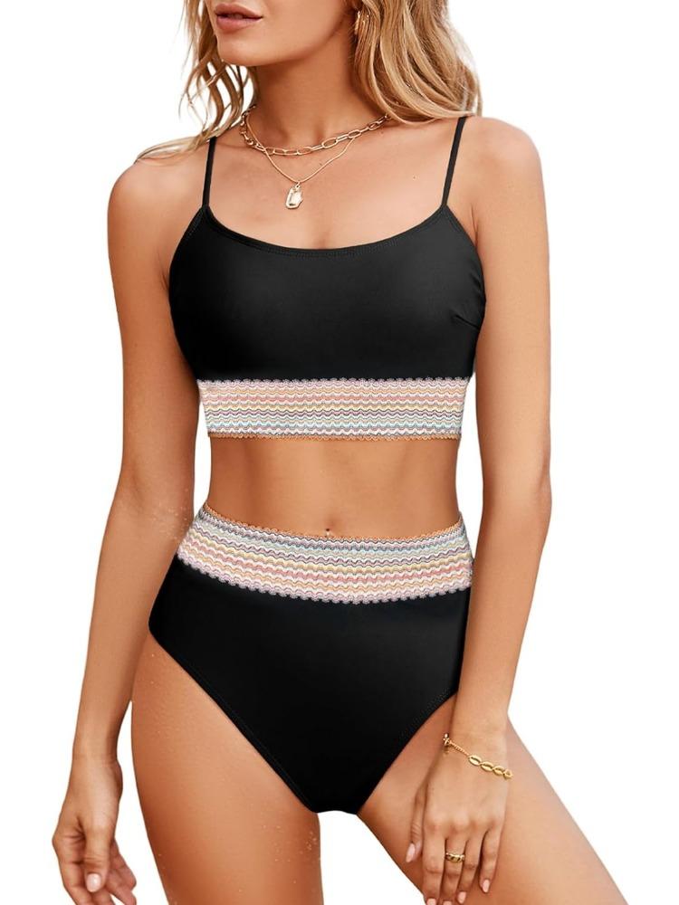 U Neck Webbing High Waist Sexy Two Piece Swimsuit Elegant Women Bikini