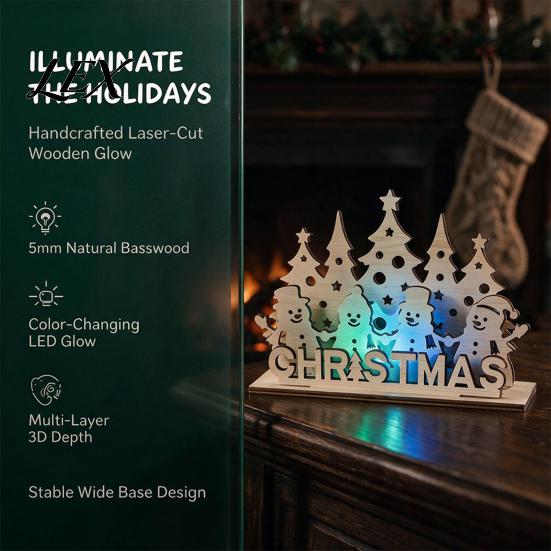 Christmas Home Accents Table Wooden Sign, Vintage Tree Village House Lighted Tabletop Decorative Wood Craft Centerpiece, Winter Indoor Desktop