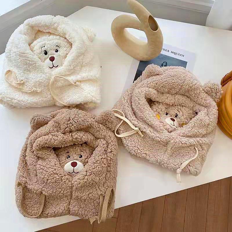 Women Cute Bear Ear Beanies Hat Kawaii Winter Warm Thick Fleece Bobble Hat Fluffy Fuzzy Hats Scarf Caps