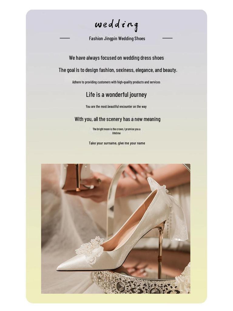 White Satin Stiletto Heels with Rhinestone Bow for Weddings and Banquets