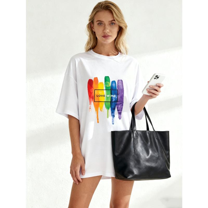 Oversized T Shirt Black Rainbow Paint Drip Love Wins Print Casual Wear For Women Summer Streetwear Fashion Statement Top