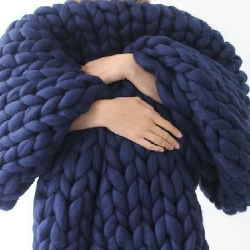 Deep Blue Handwoven Throw Blanket With Ultra Thick Yarn For Cozy Home Decor