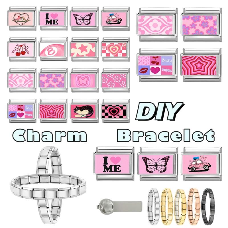 Fashion Pink Printing Cute Dog Cherry Butterfly Ball Italian Charm Links Fit 9mm Stainless Steel Bracelet Girls' DIY Making Gift