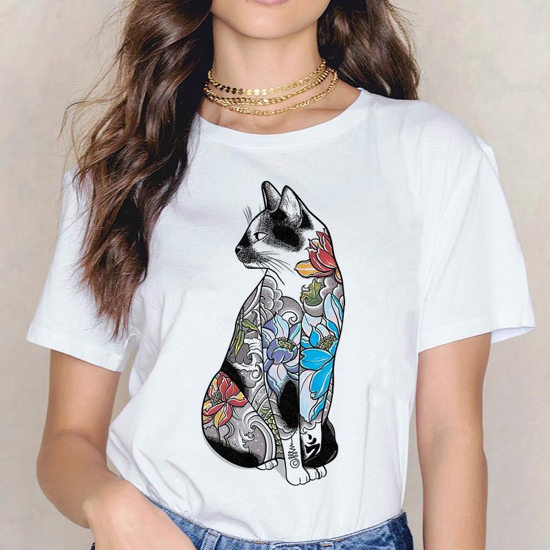 Cat Korean Clothes T -Shirt Tshirt Tee Shirts Women Female Fashion Top Femme Fun T -Shirt