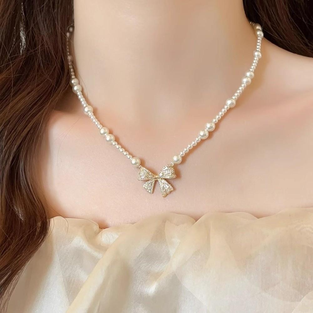 Pearl Silver Bowknot Necklace Pendant Simple Pendant Chain Temperament Bow Necklace Pendant Daily