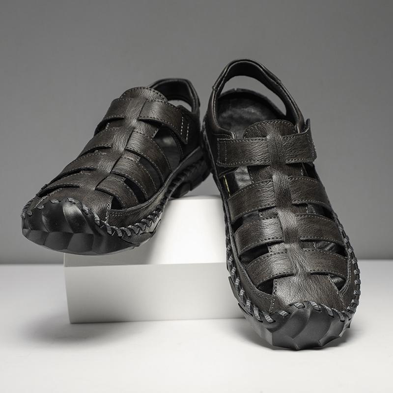 Модные сандалии из натуральной кожи для мужчин, лоферы с круглым носком, легкие, удобные, пляжные туфли на плоской подошве, новые модные универсальные летние мужские сандалии