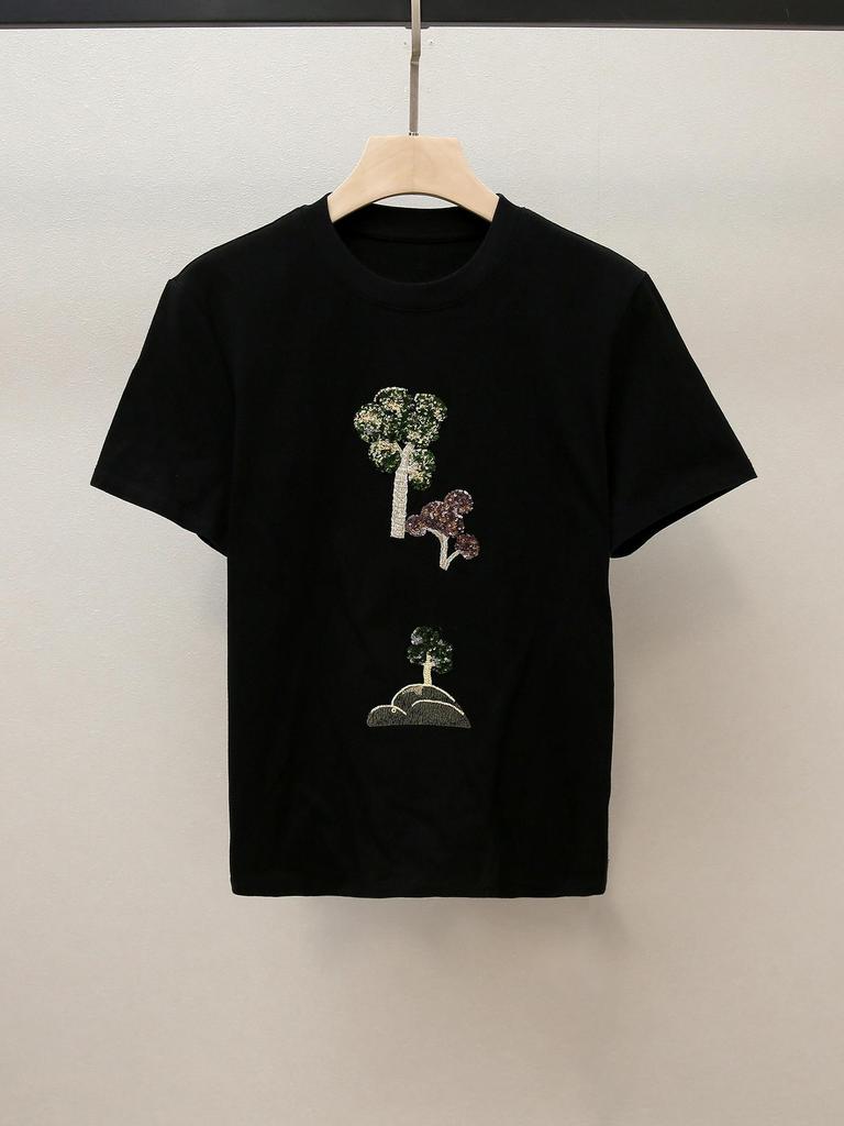 Женская осенняя футболка премиум-класса с вышивкой, с круглым вырезом и коротким рукавом