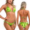 Women's Shiny Metallic Thong Bikini Set Side Tie Sexy Solid Color Swimsuit Bandage Style Brazilian Swimwear