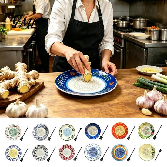 Handheld Vegetable Grinder Ceramic Garlic Ginger Grater, 2-in-1 Manual Shredder Plate for Kitchen Cooking, Flat Spice Chopper Base Easy-Clean