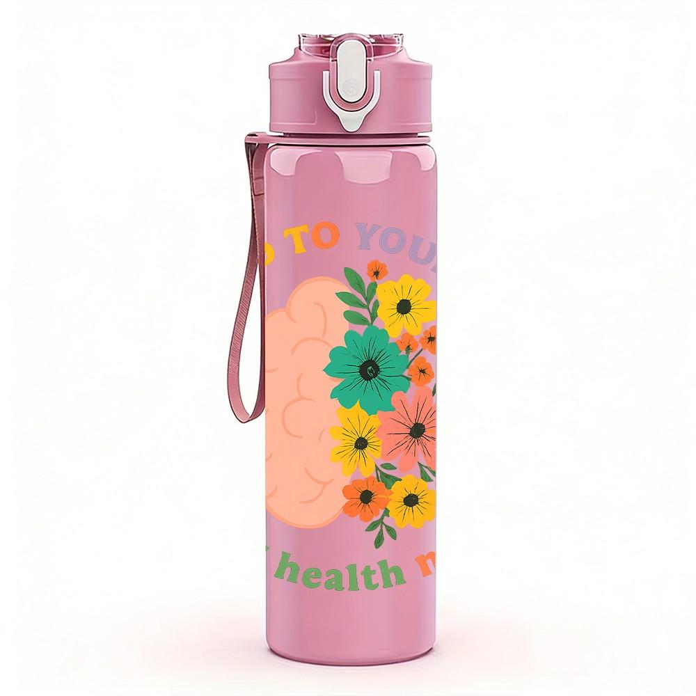 1PC Be Kind To Your Mind Floral Circle 750ml Color Plastic Sports Water Bottle Leakproof Flip Straw Lid Suitable for Sports Office Home Use