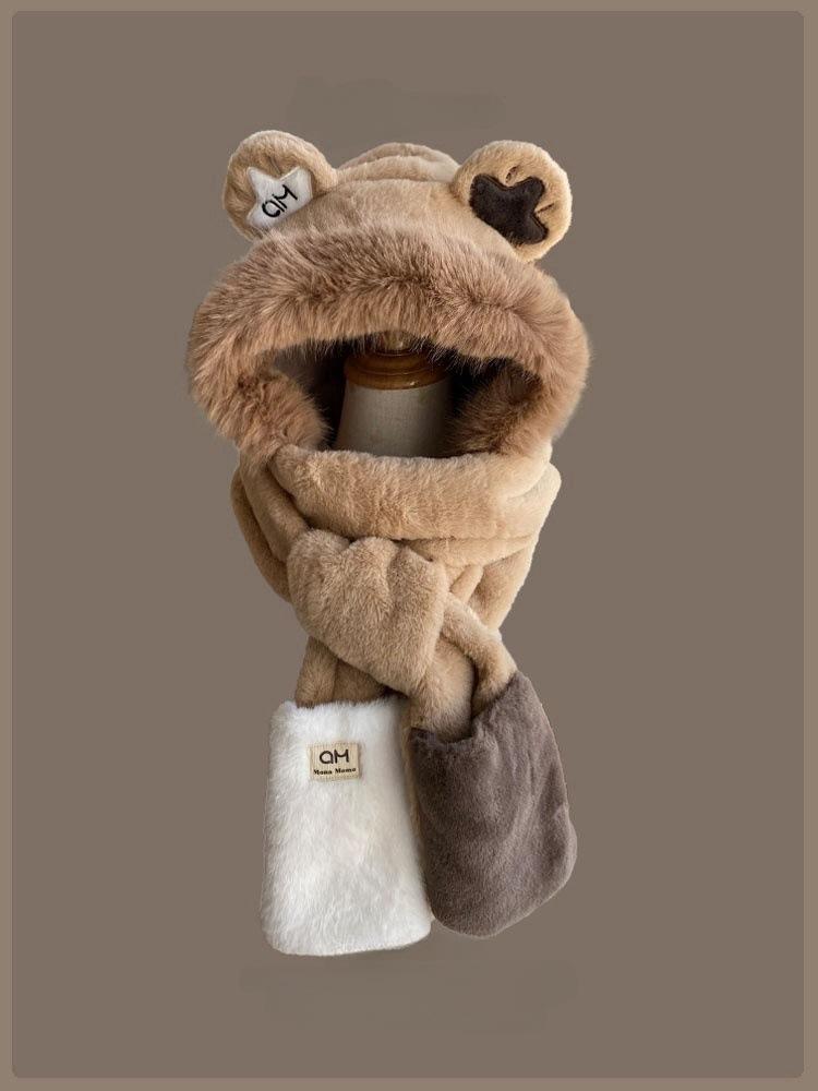 Plush bear ears hat scarf gloves integrated three-piece set cute female winter cycling ear protection warm scarf