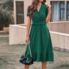 Women's   Summer Dress  V Neck Short Sleeve Belted Ruffle Hem A-Line Bohemian Maxi Dresses