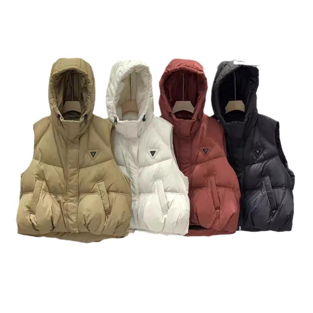 Жилет пуховый женский белый утиный пух маленький капюшон модный приталенный универсальный повседневный хлебная куртка трендовый