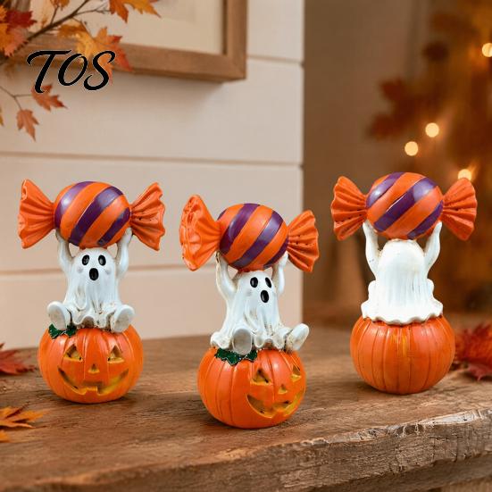 Dark Sweet Room Decor Halloween Ghost Figurine, Cute Sitting on Pumpkin Holding Candy Unique Home Collection Statue, Spooky Resin Table Ornament