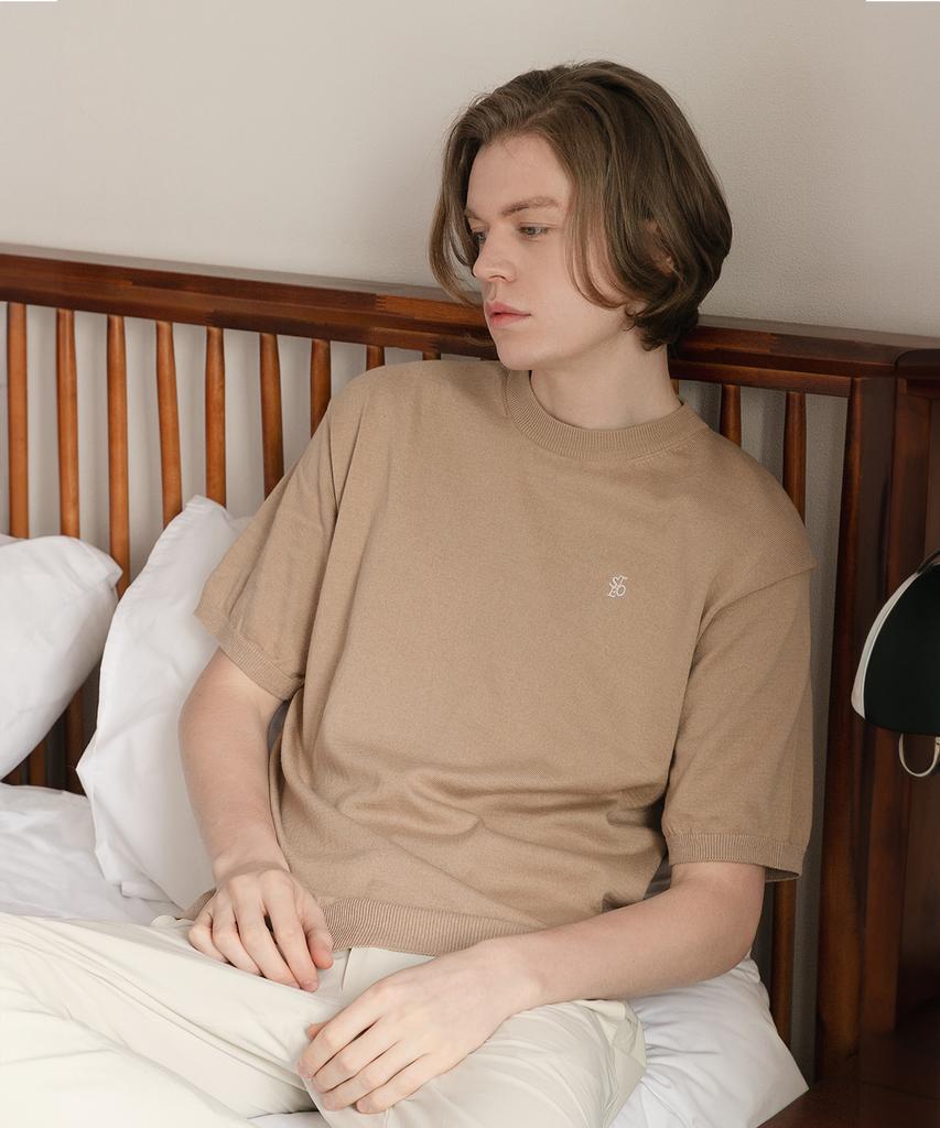 SELITIO Men'S Basic Round Half Knit Beige