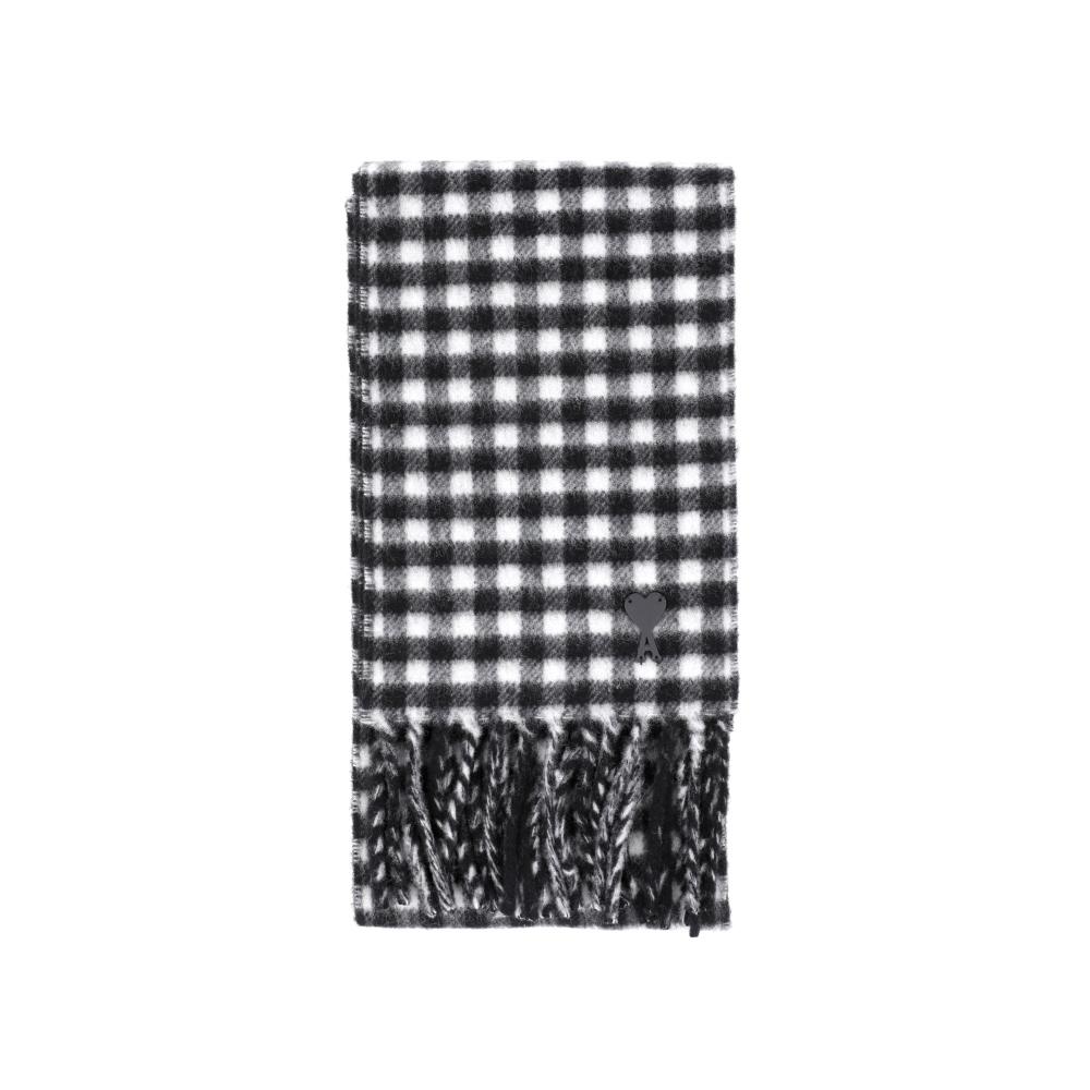 Ami Dr Le De Monsieur Heart Logo Leather Patch Fringe Check Scarf Usf699 Aw0059
