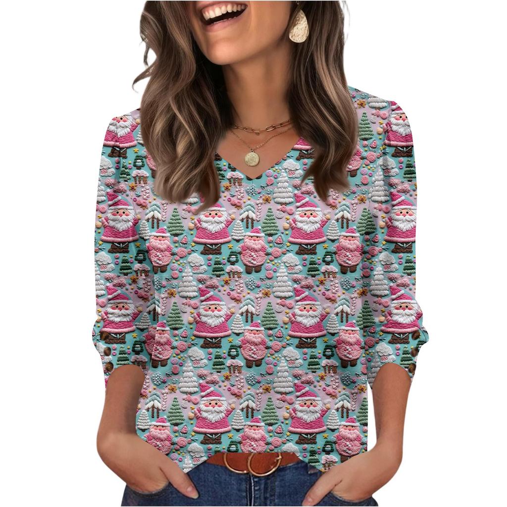 Women's Fashionable Casual Christmas Printed V-neck Top