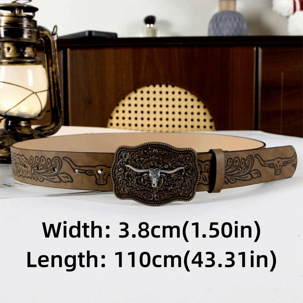 Retro Western Cowboy Belt Cow Head Buckle Waistband Trendy Embossed Belt For Man Women