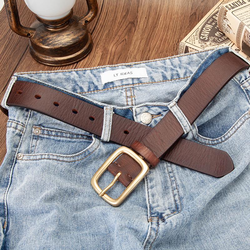 Men's Genuine Leather Belt with Copper Buckle, Thick and Durable, Versatile for Denim, Trendy Cowhide Design