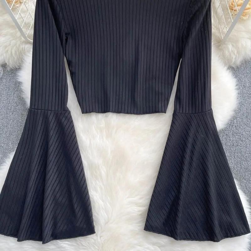 Hotsweet Elegance Casual Fashion Расклешенный рукав Короткий О-образный вырез Тонкая футболка и блузки Топ Лето Осень Одежда Для Женщин Базовые