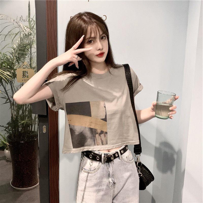 Узкая футболка с коротким рукавом и открытым пупком в корейском стиле для женщин