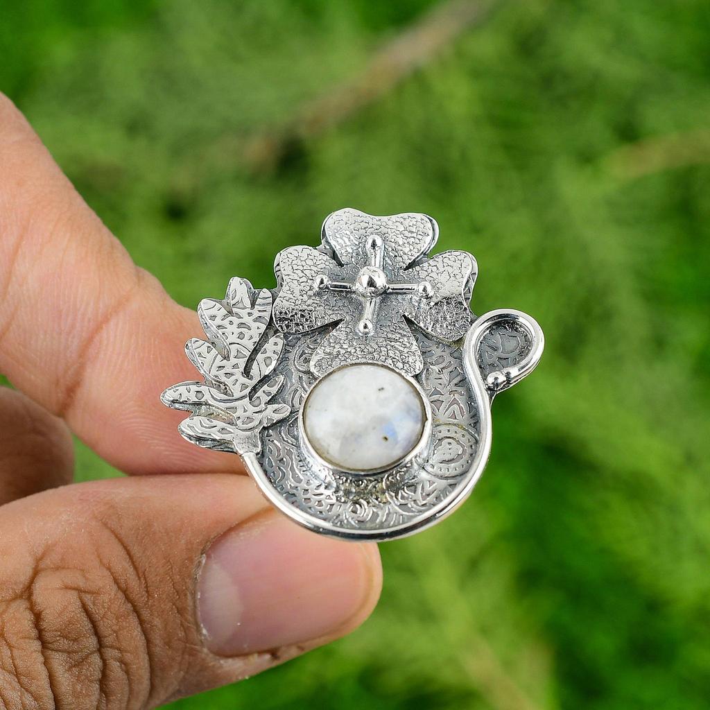 Natural Rainbow Moonstone Stackable Flower Adjustable Ring 925 Silver For Women
