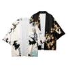 Men Shirt Japanese Style Traditional Kimono Three Quarter Sleeve Cardigan Bird Print Loose Thin Mid Length Daily Top Coat