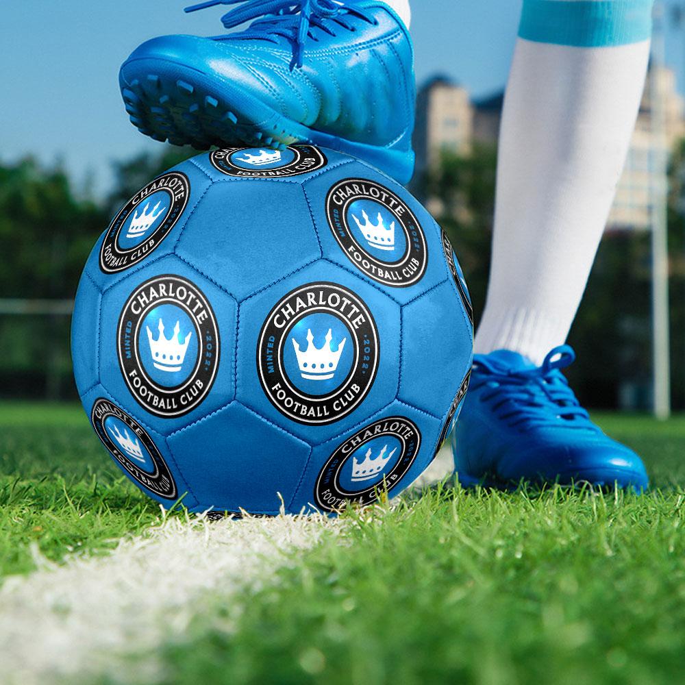 Charlotte FC Size 5 Soccer Ball, Machine-Stitched PVC, Durable & High Bounce, All Ages Fit, fan merchandise, matches & outdoor use.
