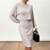 2 Pcs/Set Women Top Dress Suit Mock Collar Thread Long Sleeve Sweater V Neck Sheath Slim