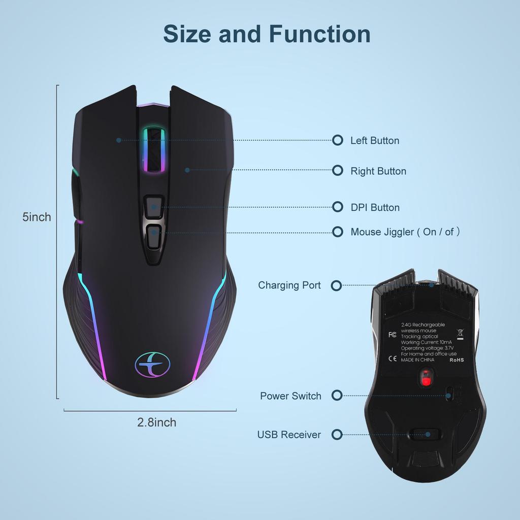 Беспроводной эргономичный набор клавиатуры и мыши 2.4G RGB с 7-цветной подсветкой и защитой от дрожания при бездействии