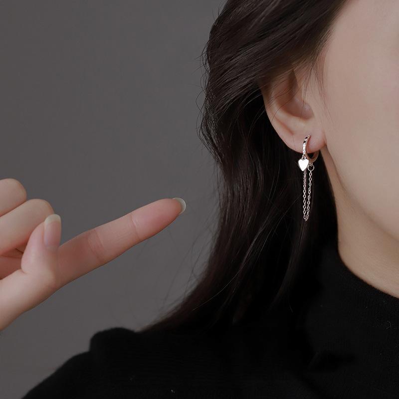 CIAXY Silver Color Heart-shaped Charm Earrings for Women Temperament Tassel Chain Ear Buckle Korean Fashion Jewelry