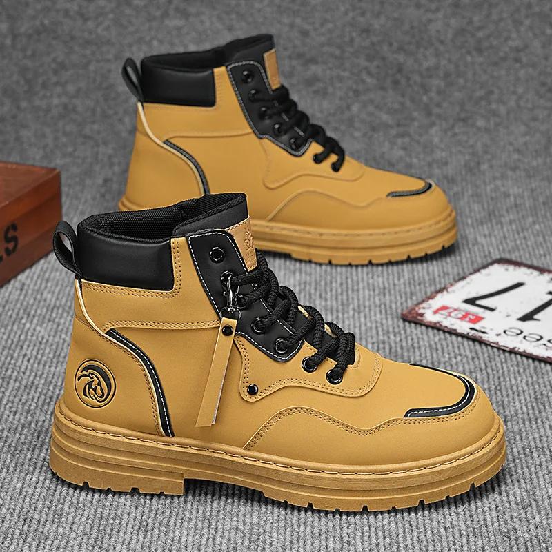 Модные мужские ботинки 2024 года, осенние высокие британские корейские ботинки на толстой подошве, удобные нескользящие короткие ботинки на шнуровке из хлопка
