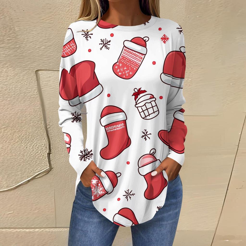 Футболки для женщин, осенние повседневные рубашки с длинными рукавами, толстовка с ретро-принтом, топ для рождественской вечеринки, пуловер