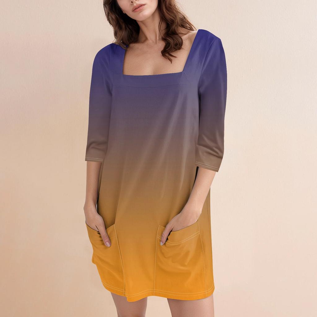 Женское модное повседневное короткое платье с квадратным вырезом и рукавом 3/4