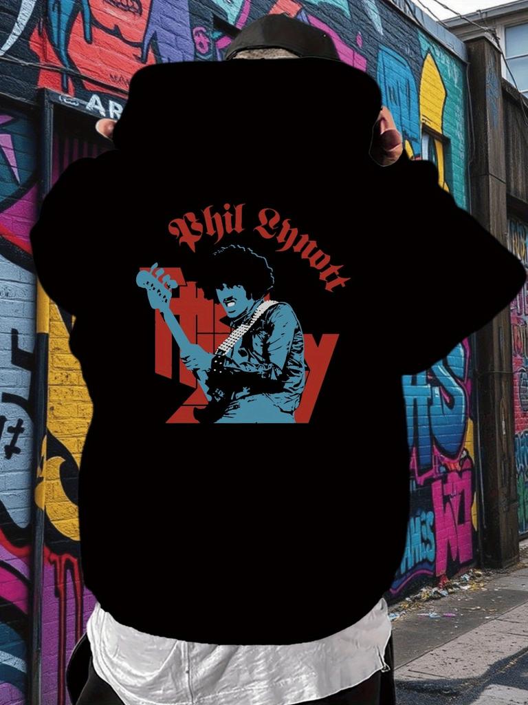 Phil Lynott Guitarist Graphic hoodie - Casual & Trendy Pullover with Red & Blue Print