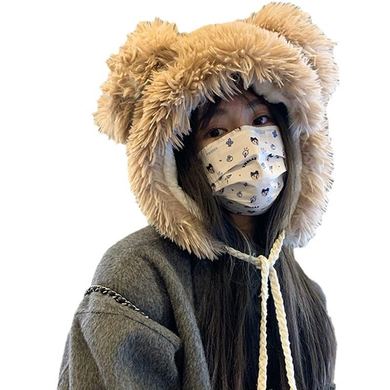 Милая шапка с маленьким медведем для женщин, утолщенная, пушистая, зимняя, с защитой ушей, шапка на голову, подчеркивающая лицо, маленькая, теплая, шапка-ушанка, студенческий тренд