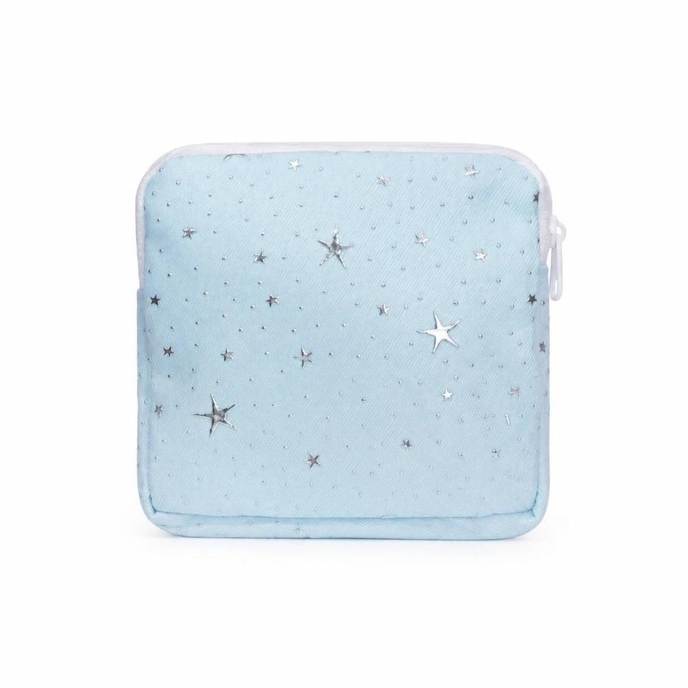 Silver Star Print Sanitary Napkin Storage Bag Zipper Closure Small Cosmetic Pouch  Women Girls