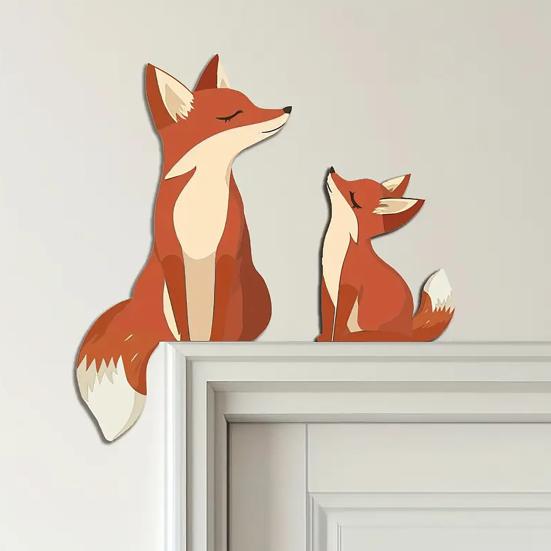 1 Set Wooden Fox Door Corner Decoration Mother Little Fox Door Frame Sign Forest Animal Front Door Edge Topper Sitter Ornament