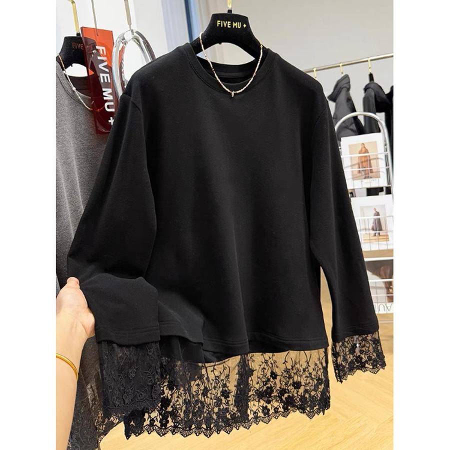 Роскошная кружевная вставка, плюшевый велюр, длинный рукав, женская футболка, осень-зима, для ношения под одеждой, для ношения как верхняя одежда, базовый слой, трендовый топ