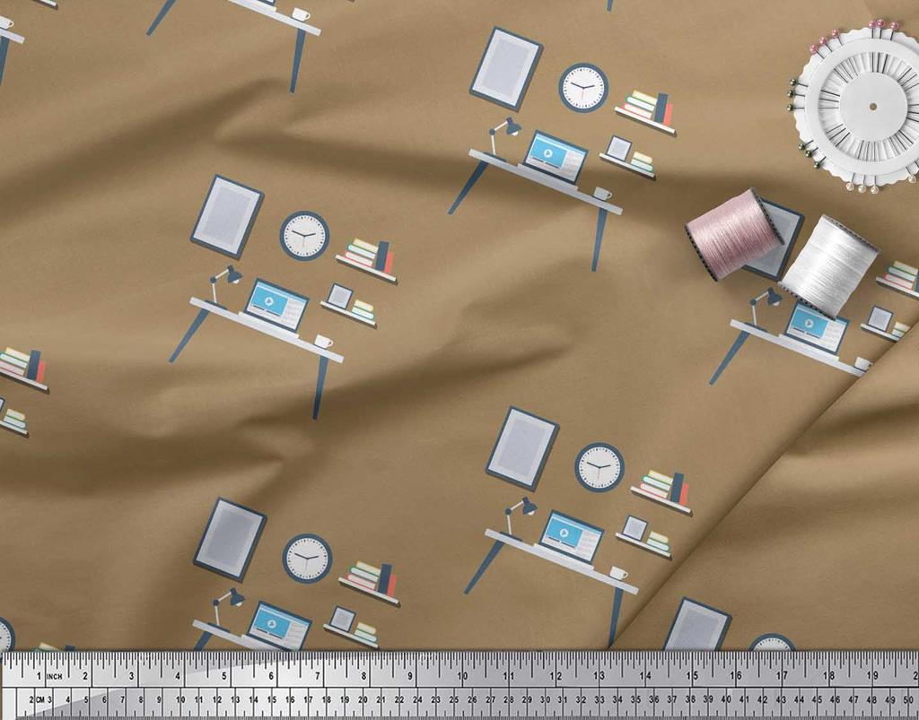 Soimoi Синий японский креп-сатиновый монитор, книги и учебный стол, образовательная тема, метр швейной ткани с принтом, 42 дюйма