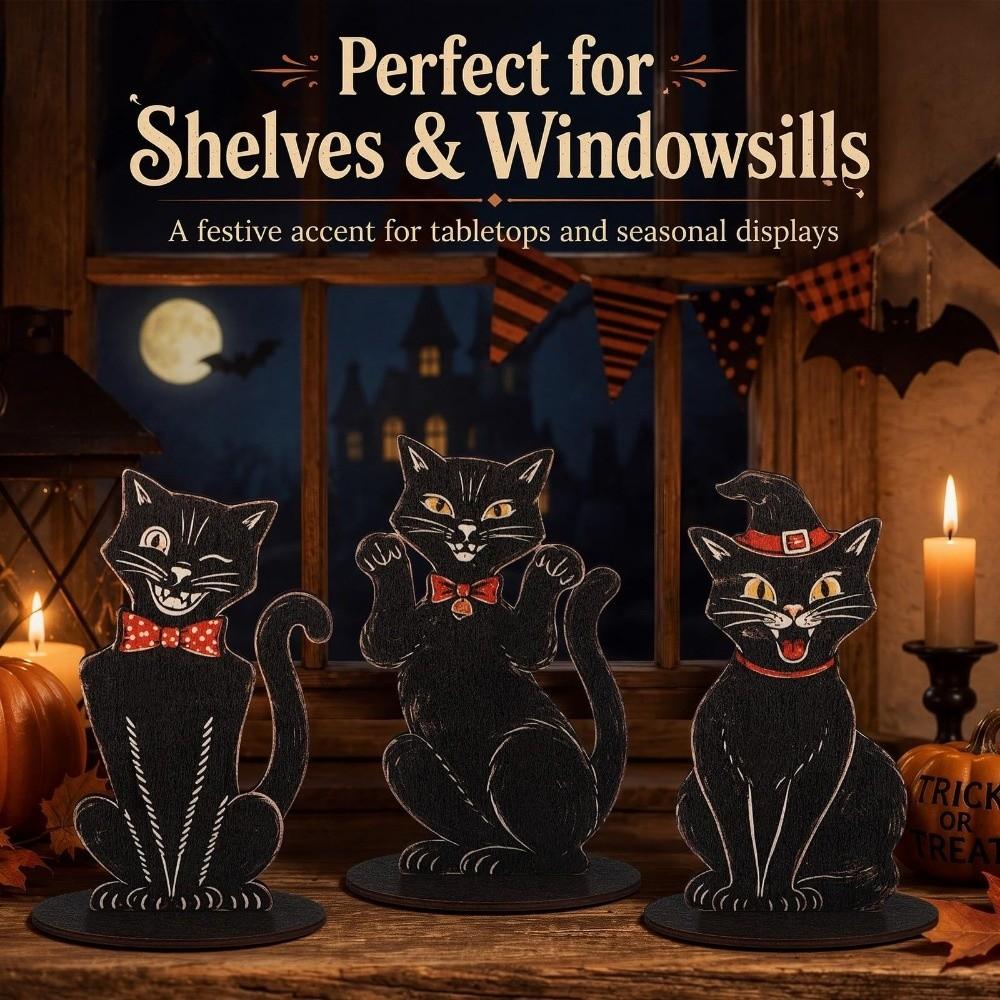 3 pcs Wooden Sitting Cat Statue Vintage Cat Decorative Plaques Desktop Ornaments Study Room