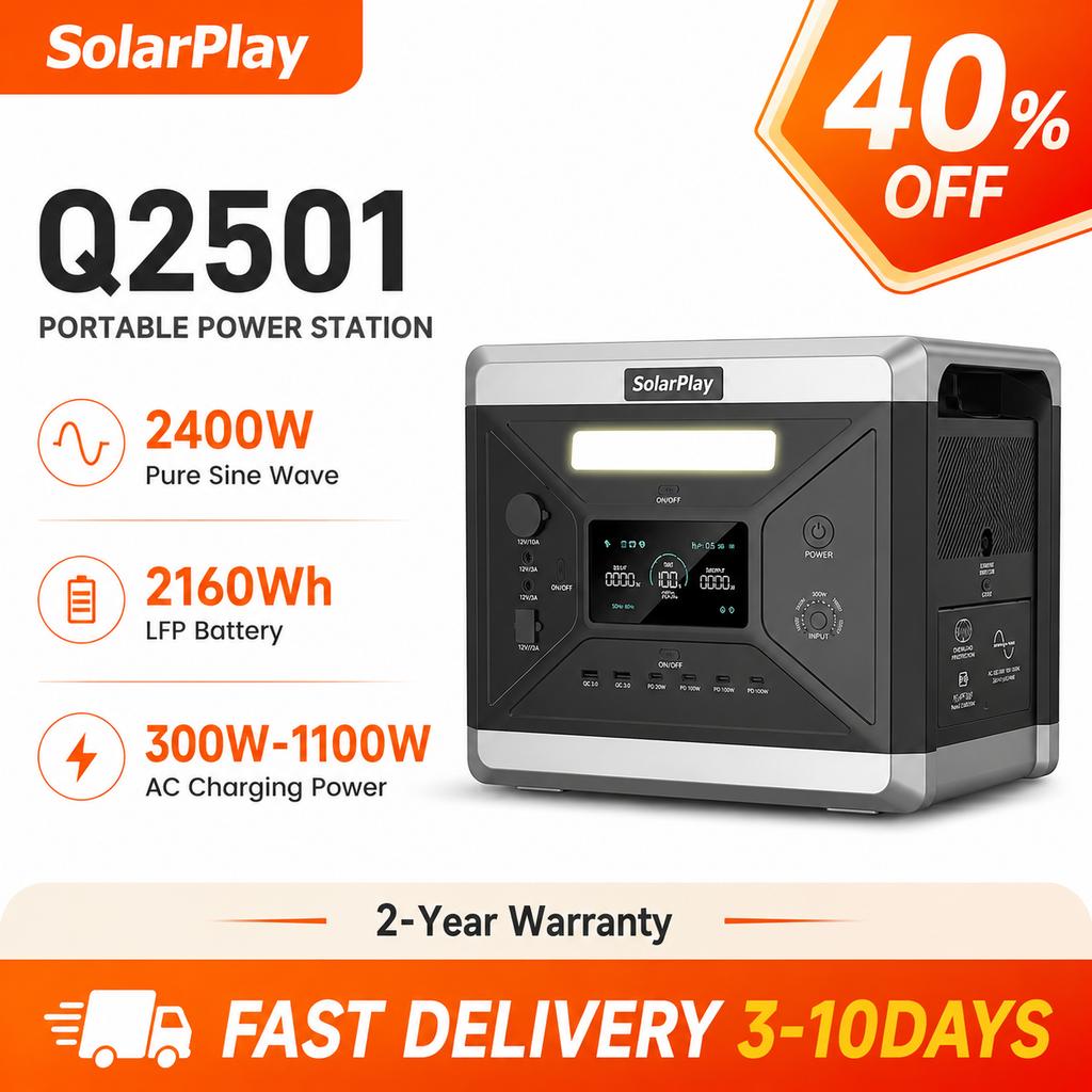 SOLARPLAY Q2501 2400 Вт (4800 Вт пиковая мощность) Портативная электростанция, 2160 Втч, LiFePO4 аккумулятор, солнечный генератор с выходом переменного тока для вечеринки
